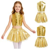 Kids Stage Dance Costume Set Sparkling Sequin Metallic Mock Neck Sleeveless Crop Top Back Zipper and Shiny Tutu Skirt for Jazz Performance Competition 5-6 Years auksas