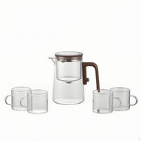 Infuser Teapot Set Transparent Glass with Teacups WoodGrain Handle Tea Pot