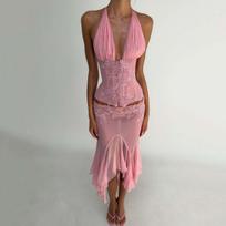 European and American Spice Girls wind mesh yarn pleated neck sling heavy industry applique waist split lotus leaf edge medium and long dress set XS