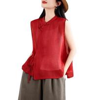 Womens Chinese Style Mandarin Collar Sleeveless Frog Button Blouse M raudona