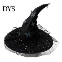 Witch Hat for Halloween Costume Women, Large Glitter Sequins Mesh Wizard Decorative Party Cosplay with Butterfly Accessory, Elegant Curved Brim A