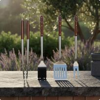 4 Piece Grill Set Wooden Handles Barbecue Tool Hanging Loops Stainless Steel Tools
