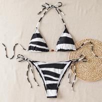 Women's Swimsuit Sexy Black and White Printed Hammer Neck Side Tide Two-Piece Swimsuit Bikini Set Beachwear Bathing Suits XS juoda