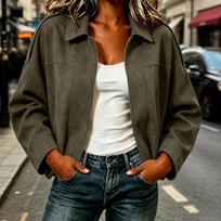 Women's Jacket with Notched Collar Zip Button Closure for Spring and Fall L armijos žalia spalva