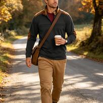 Men's Patchwork Zip Long Sleeve Sports Shirt L juoda
