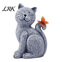 Outdoor Solar Garden Statue Cat Statue, Cute Sculpture with Butterfly Light, Waterproof Resin Animal Figurine for Lawn Patio Yard Pathway Decor A gray