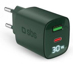 Sbs 30w wall charger usb-a usb-c gan led green