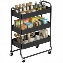3-Tier Storage Trolley on Wheels, Rolling Utility Cart with Mesh Backets for Kitchen, Bathroom, Bedroom, Black 64.5 x 34 x 87 cm juoda