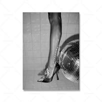 High Heels Disco Ball Print Black and White Fashion Poster Trendy Wall Art Pictures Party Girly Dorm Room Decor Canvas Painting 21x30cm No Framed gray