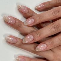 24 Pcs Short Round Press On Nail Flowers False Nail Simple Acrylic Nail Glittering Full Cover Stick on Nail for Woman