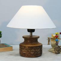 34,54 cm Medinė Stalinė Lempa, Modernus Pagrindas, Medžiaginis Gaubtas Namams, Biurui, Kavinei, Restoranui, Drožinėtas Vazonas Miegamajam, Valgomajam, Prie Lovos, Virtuvei white