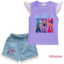 Kids Girls Anime Cartoon Super Star Rumi Zoey Mira POP Singer Printing Mesh Short Sleeves T-shirt Jeans Shorts Clothes Set 100cm violetinė