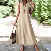 Women's Fashion V-Neck Sleeveless Colour Zip Casual Holiday Long Cotton Linen Dresses L smėlis