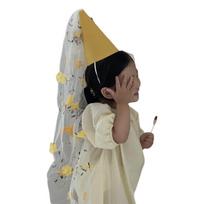 Lace Birthday Hat Flower Embellished Veil Party Hat For Kid Girl Birthday Anniversary Celebration Photography Headpiece geltona