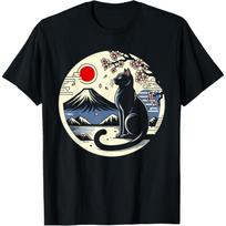 Black Cat Japanese Mount Fuji Graphic T-Shirt Breathable Cotton Retro Style Tee for Men S