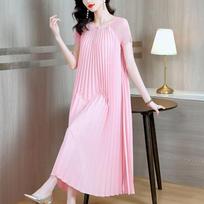 Summer Casual O Neck Short Sleeve Pleated Loose Dress Women Daily Wear Soft Breathable Casual Mini Dress for Beach Vacation One Size rožinė