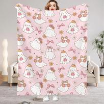 Pink Blanket Happy Halloween Lovely Ghost Flora Soft Flannel Blanket for Home Living Room Bedroom Halloween Decor Birthday Gift 75x90cm