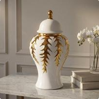 Lidded Ceramic Vase Glossy Pale containerShaped Trim Decorative Jar 13323