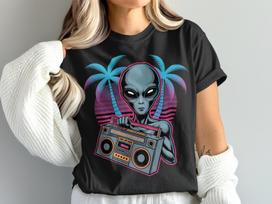 Retro Alien T Shirt, Boombox, Palm Trees, 80s Style, Synthwave Design, Cool Graphic Tee, Unique Gift, Trend T-Shirts 4XL