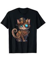 Steampunk Cat Graphic T-Shirt - Black Cotton Crew Neck Tee with Gears & Goggles S