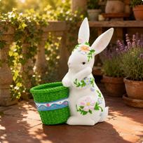 Hare Flowerpot Ornament Resin Planter Floral Details Basket for Balcony,
