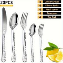 20-Piece Stainless Steel Western Cutlery Set, Durable Printed Handles, Includes Steak Knife, Fork, Spoon, Perfect for Restaurant, Party, Flatware Set sidabras