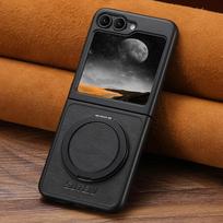Aukštos kokybės verslo stiliaus magnetinis belaidžio įkrovimo telefono dėklas, skirtas Samsung Galaxy Z Flip 7 6 5, 360° besisukantis laikiklis, odinis dangtelis Galaxy Z Flip7 ruda