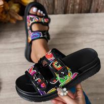 Fashion Women Shoes Mix Color Chunky Platform Slippers Women 2025 Fashion Flowers Non-Slip Sandals Woman Buckle Soft Thick Bottom Slides 43 juoda