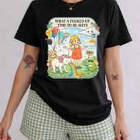 Stylish What A Fucked Up Time To Be Alive Shirt, Dark Humor Cute Girl Tee, Funny Existential Graphic Shirt, Retro Aesthetic Unicorn Frog. L