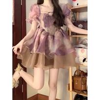 Sweet age-reducing tutu dress dress summer purple tie-dye bubble sleeve floral dress princess dress fairy skirt s [premium quality]