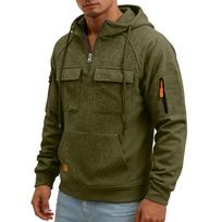 Men's Quarter-Zip Cargo Hoodie with Multi-Pockets Casual Sweatshirt for Everyday Wear L armijos žalia spalva