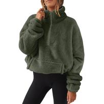 Women's Cozy Lined Half Zip Sweatshirt with Stand Collar for Casual Wear L armijos žalia spalva