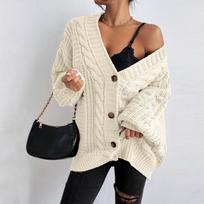 Women's Fashion Loose Cable-knitted Long Sleeve Cardigan Jacket S smėlis