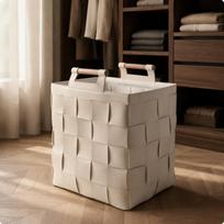 Woven Leather Basket Rigid Structure Laundry Hamper Wooden Handles OpenTop for Closet Beige
