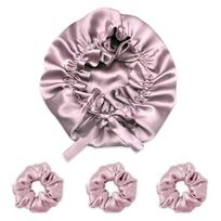 GLUN® Rose Bonnet Hair Protector 1 Piece for Prevents Hair Breakage with 3 Piece of Satin Scrunchies, Soft Satin Sleep Cap for Frizz Control and Mo