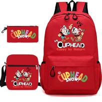 New Teacup Head Cuphead Student School Bag Backpack Three-Piece Set Children'S Shoulder Lunch Pencil Case Cartoon Three-piece set