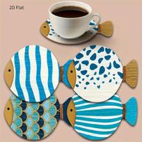 4pcs Whimsical Fish-Shaped Wooden Coasters - Vibrant Blue & White Patterns, Heat-Resistant, Perfect for Coffee & Tea Lovers S