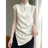 Women's Top Mandarin Collar with Frog Button Jacquard Fabric S abrikosas