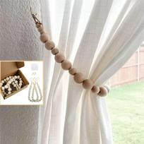 Curtain Tiebacks, Set Of 2 Curtain Holdbacks, Boho Curtain Tie Backs, Curtain Holders For Drapes, Natural Wood Bead Curtain Ties, Brass Hooks Included One Size