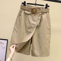 Summer Female Culottes Pants Skirt Elastic Waist Wide Leg Skirt Fashion Relaxed Straight Five-point Pants High Waist Culottes with Belt XXL chaki