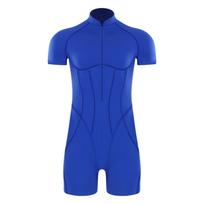 Mens Workout Romper Bodysuit Mock Neck Front Zip Short Sleeve Shorts Bottom Leotard Bodybuilding Jumpsuit S mėlyna