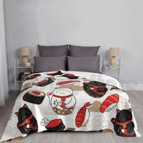 Japanese Lucky Cat Maneki-Neko And Sushi Feast Blanket For Sofa Bed Travel Sushi Cat Cute Cats Japan Kawaii Size: 75*100cm, Weight: 230 GSM