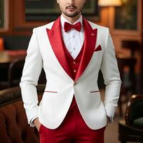 New Red and White Tuxedo Suit Elegant Business Formal Slit Fit Men's Suits Workplace Outfit for Men (Blazer+Vest+Pant) S balta/raudona