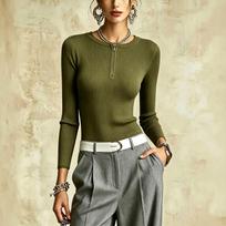 Women's Fashion Half Zip Knit Top with Vertical Stripes, Long Sleeve Slim Fit Pullover for Casual Wear L armijos žalia spalva