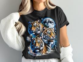 Majestic Three Tigers T-Shirt, Celestial Moon Lightning Design, Fierce Wildlife Art Tee, Mystical Big Cat Apparel Gift, Unique Graphic S