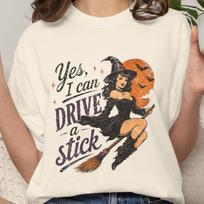 Yes I Can Drive a Stick Tee, Retro Witchy Halloween Shirt, Vintage Witch Graphic T-Shirt, Witchy Fall Shirt for Women M