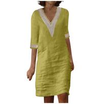 Ladies Lace Stitching V Neck Embroidered Embroidered Lace Short Sleeve Cotton Linen Dress Summer Linen Dress XXL geltona