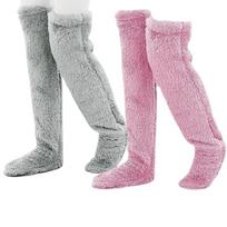 2 Pairs Women Thick Furry Thigh High Slipper Socks Fuzzy Plush Over Knee Stockings Winter Warm Sleeping Long Leg Warmers