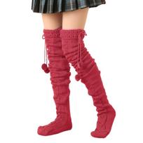 Fashionable Cable Knitted Thigh High Socks with Furry Balls Accents Thermal Over Knee Long Boot Stockings for Women raudona