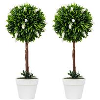 2 dekoratyvinių dirbtinių augalų rutulinių medelių su gėlėmis rinkinys namų interjerui ir lauko dekoravimui, 60 cm, baltas 14.5 x 14.5 x 60 cm balta